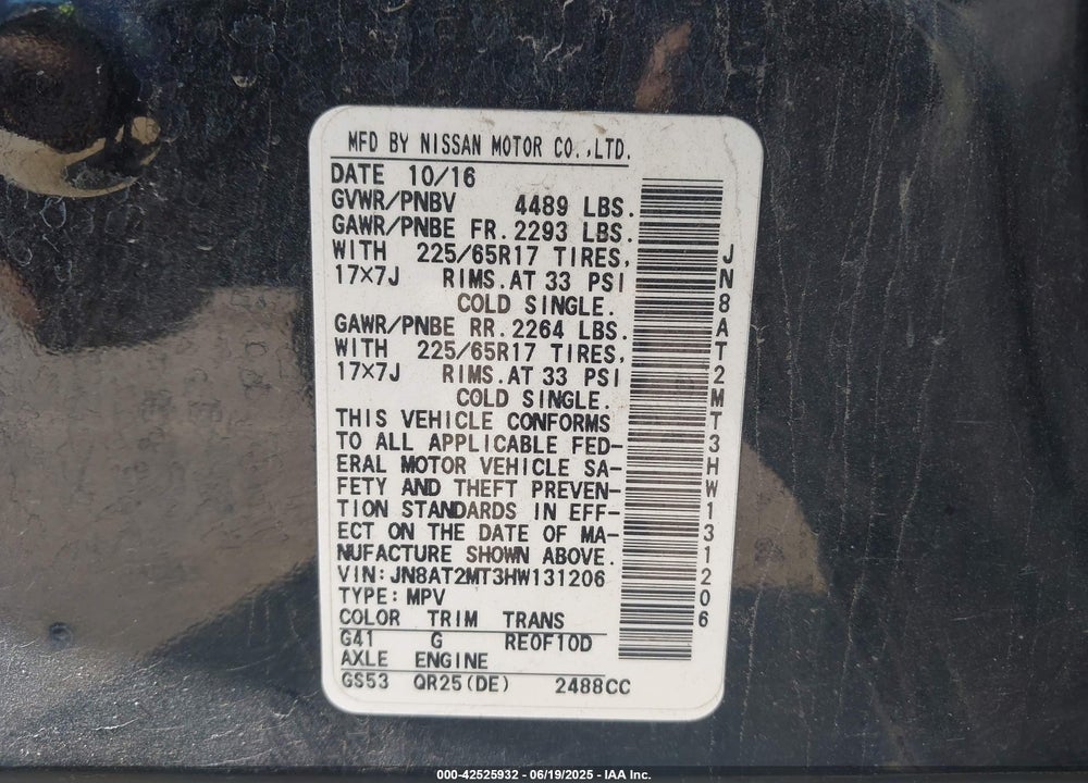 2017 NISSAN ROGUE VIN: JN8AT2MT3HW131206