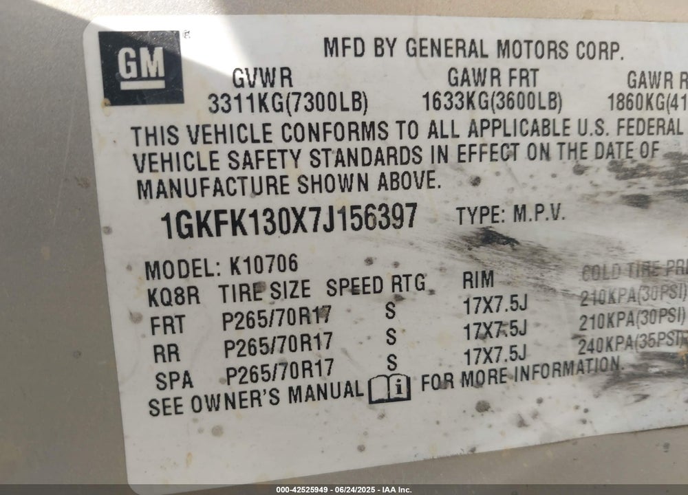 2007 GMC YUKON VIN: 1GKFK130X7J156397