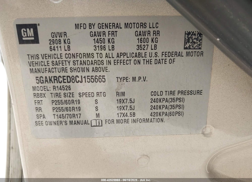 2012 BUICK ENCLAVE VIN: 5GAKRCED8CJ155665