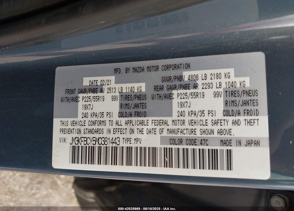 2021 MAZDA CX-5 VIN: JM3KFBCY5M0381443