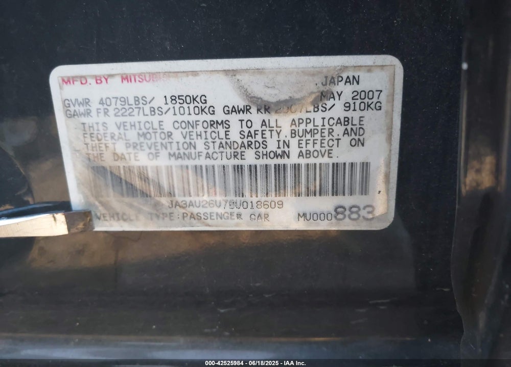 2008 MITSUBISHI LANCER VIN: JA3AU26U78U018609