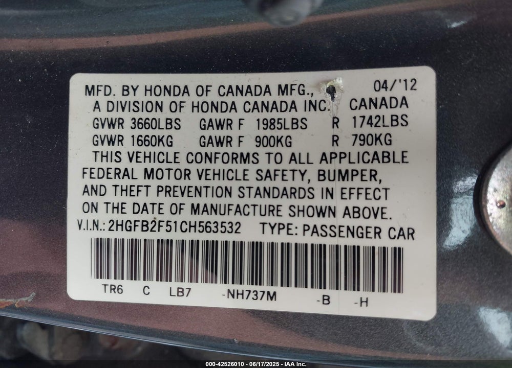 2012 HONDA CIVIC VIN: 2HGFB2F51CH563532