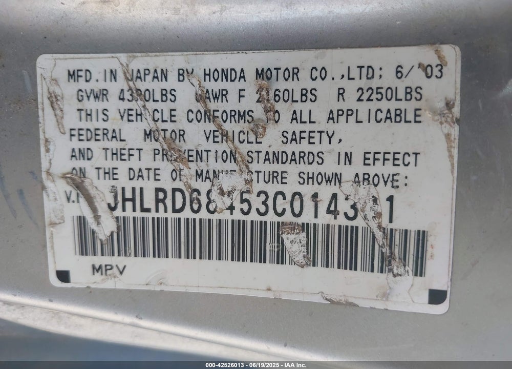 2003 HONDA CR-V LX VIN: JHLRD68453C014391