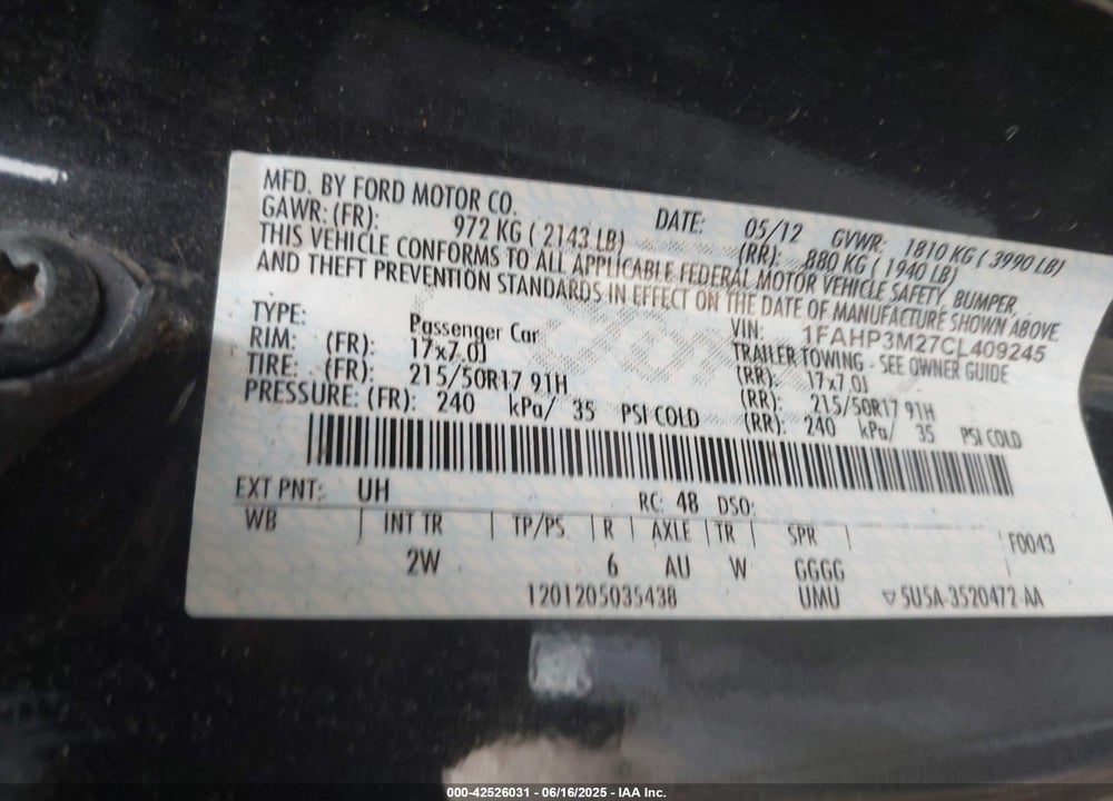 2012 FORD FOCUS VIN: 1FAHP3M27CL409245