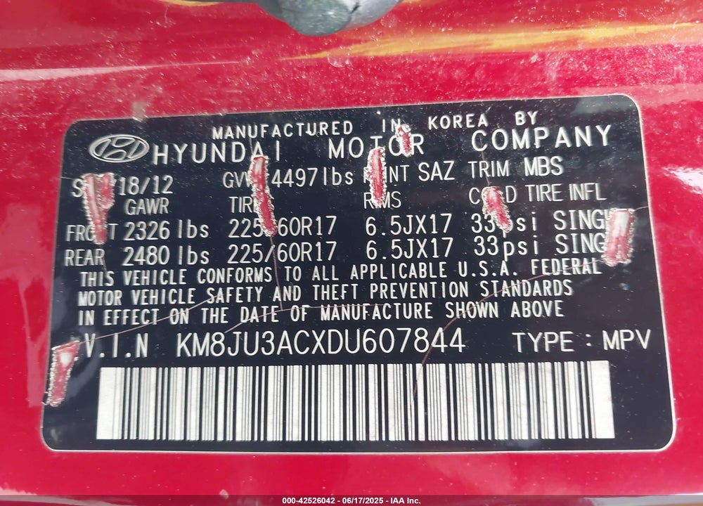 2013 HYUNDAI TUCSON VIN: KM8JU3ACXDU607844