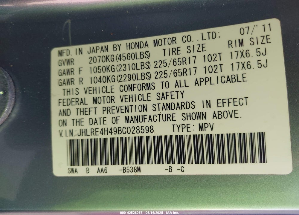 2011 HONDA CR-V SE VIN: JHLRE4H49BC028598