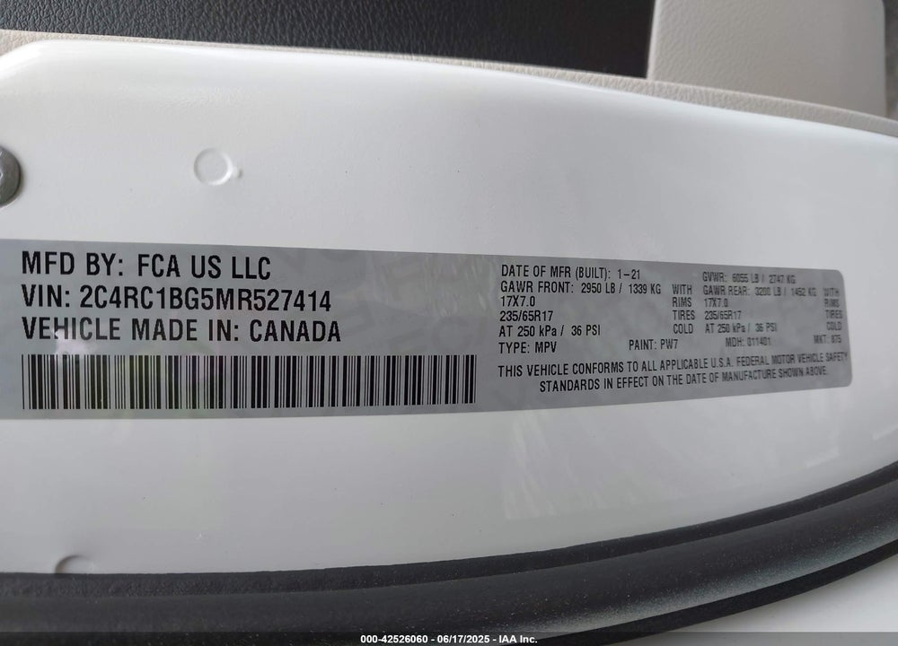 2021 CHRYSLER PACIFICA TOURING L VIN: 2C4RC1BG5MR527414