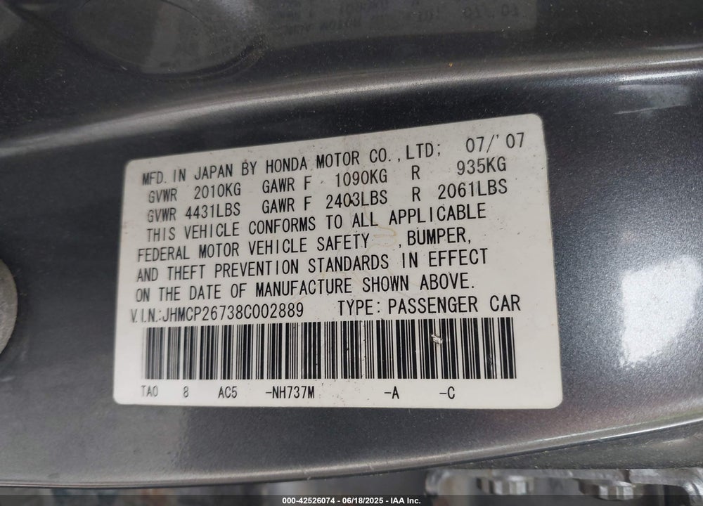 2008 HONDA ACCORD SDN VIN: JHMCP26738C002889