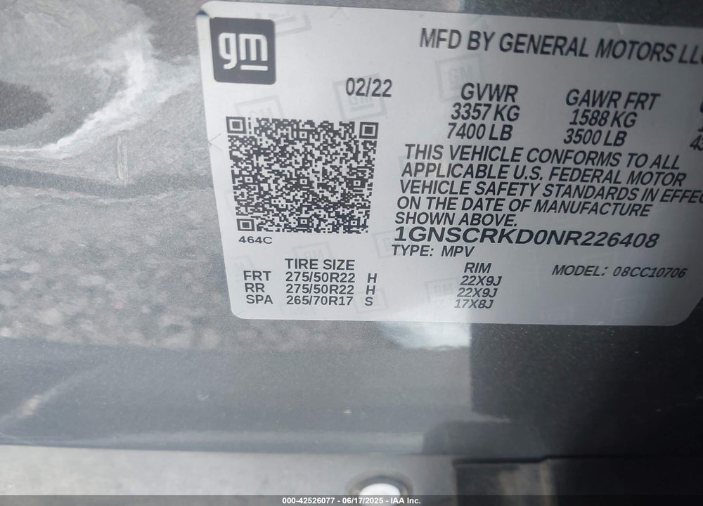 2022 CHEVROLET TAHOE VIN: 1GNSCRKD0NR226408