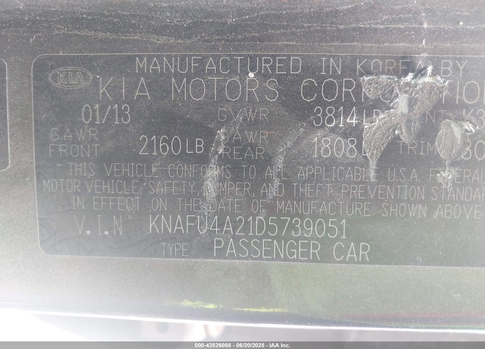 2013 KIA FORTE VIN: KNAFU4A21D5739051