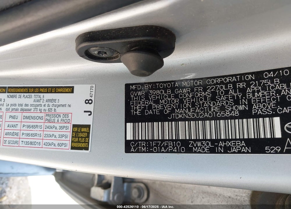 2010 TOYOTA PRIUS VIN: JTDKN3DU2A0165848