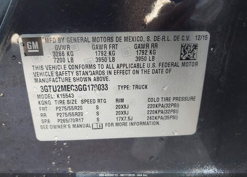 2016 GMC SIERRA 1500 VIN: 3GTU2MEC3GG179033