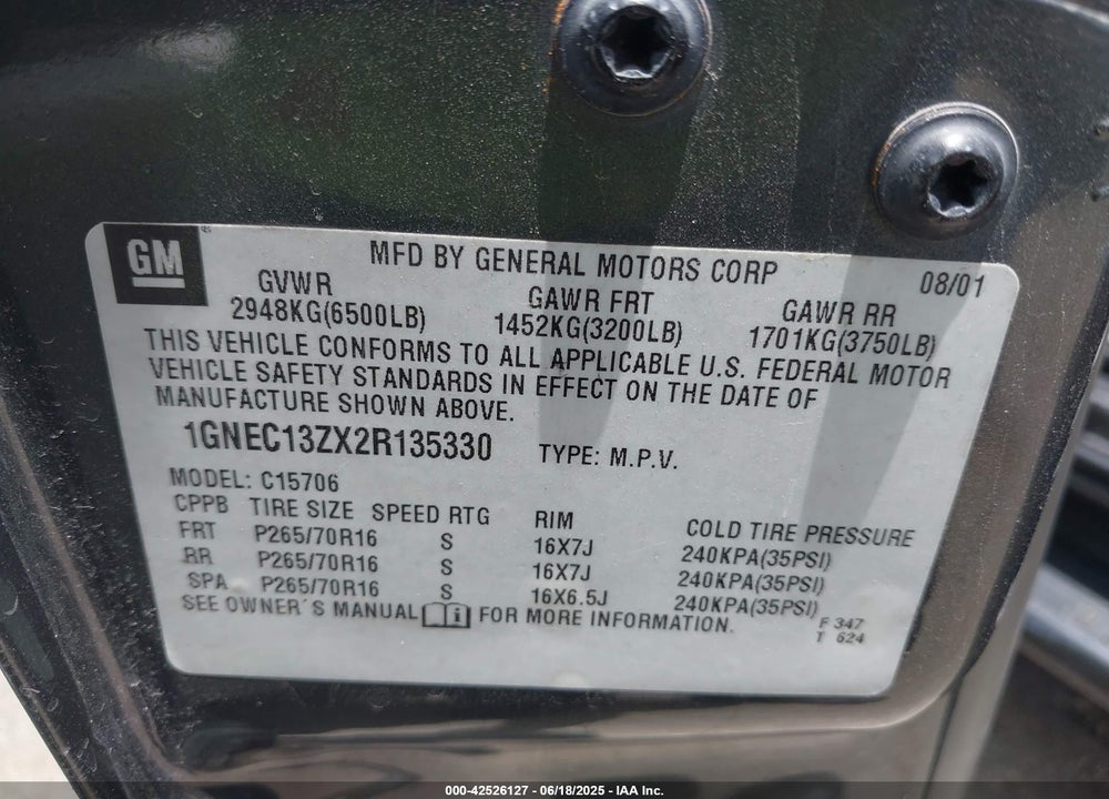 2002 CHEVROLET TAHOE LS VIN: 1GNEC13ZX2R135330