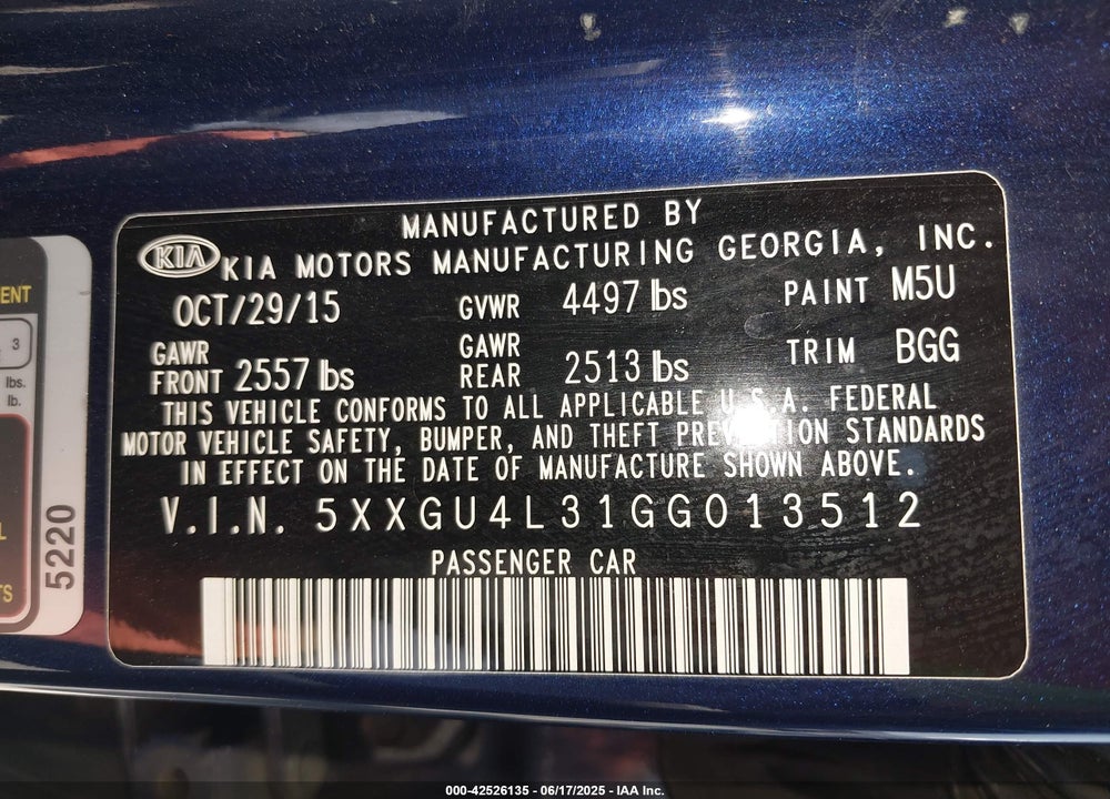 2016 KIA OPTIMA VIN: 5XXGU4L31GG013512