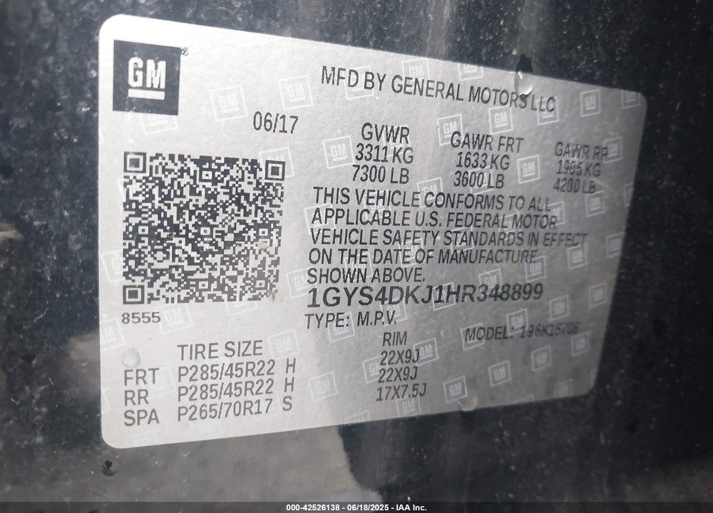 2017 CADILLAC ESCALADE VIN: 1GYS4DKJ1HR348899