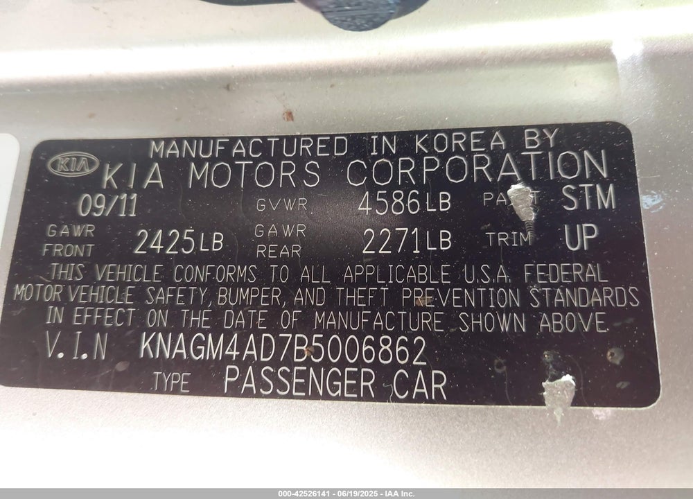 2011 KIA OPTIMA HYBRID VIN: KNAGM4AD7B5006862