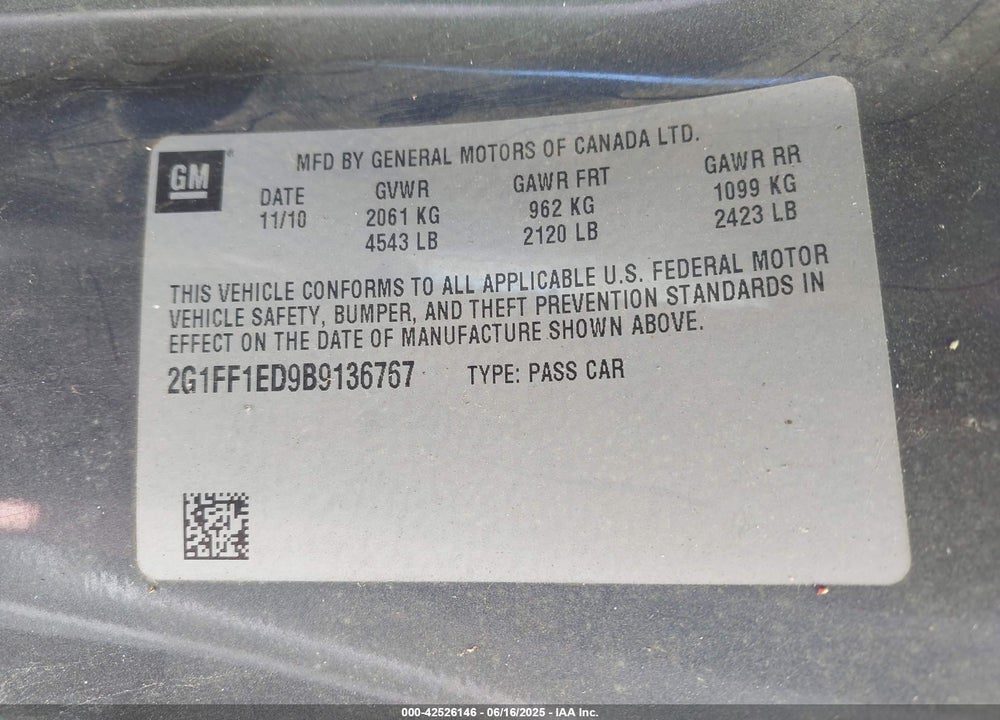 2011 CHEVROLET CAMARO VIN: 2G1FF1ED9B9136767