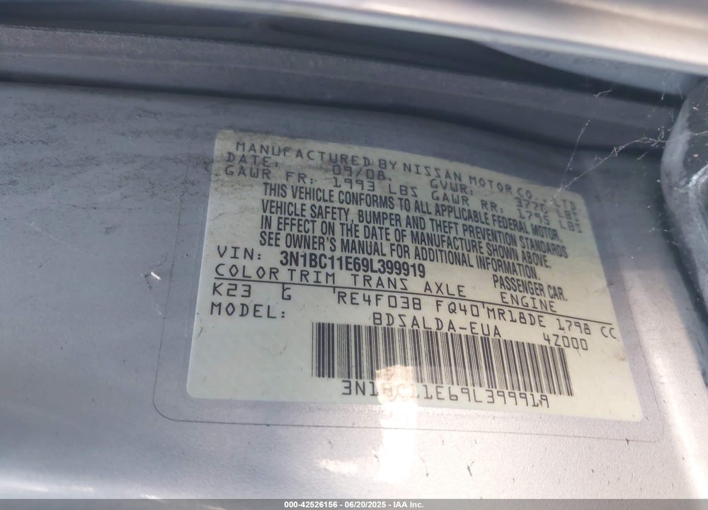 2009 NISSAN VERSA VIN: 3N1BC11E69L399919