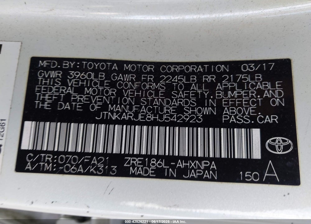 2017 TOYOTA COROLLA IM VIN: JTNKARJE8HJ542923