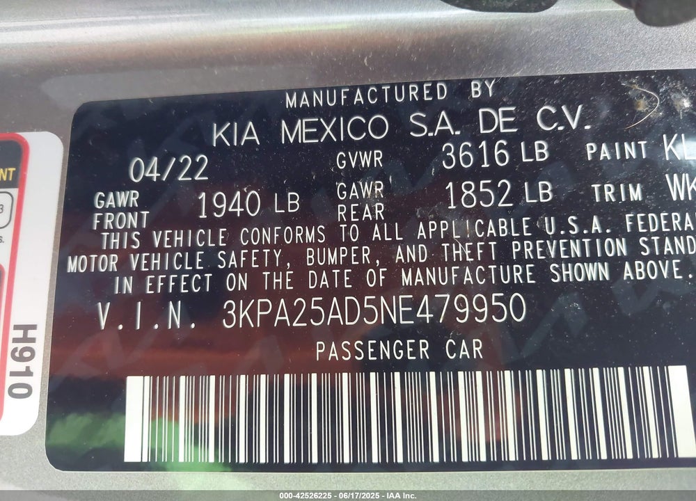 2022 KIA RIO 5-DOOR VIN: 3KPA25AD5NE479950