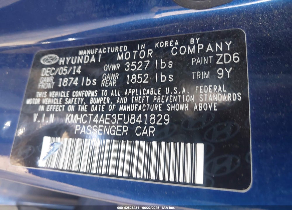 2015 HYUNDAI ACCENT VIN: KMHCT4AE3FU841829