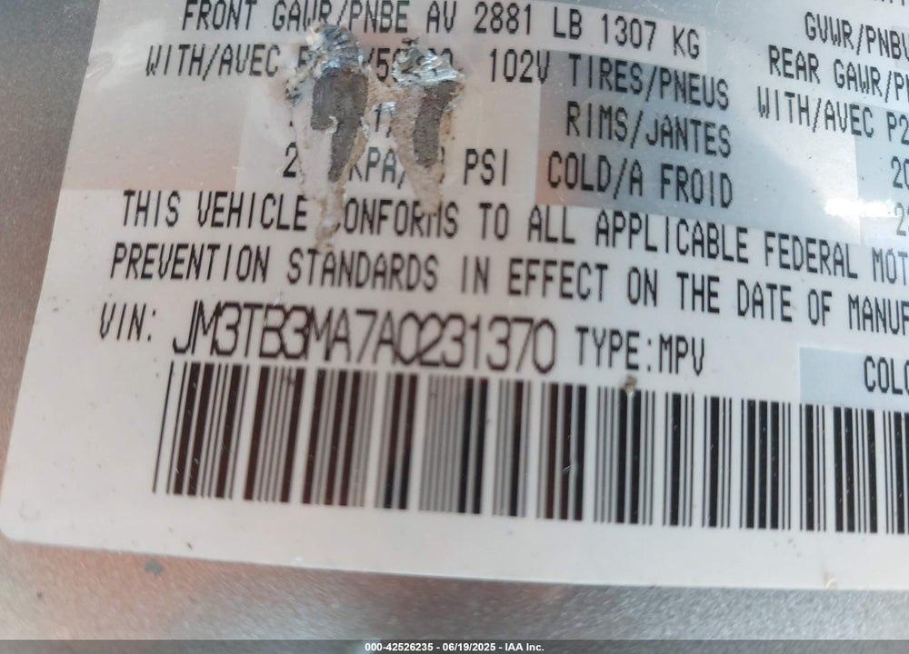 2010 MAZDA CX-9 VIN: JM3TB3MA7A0231370