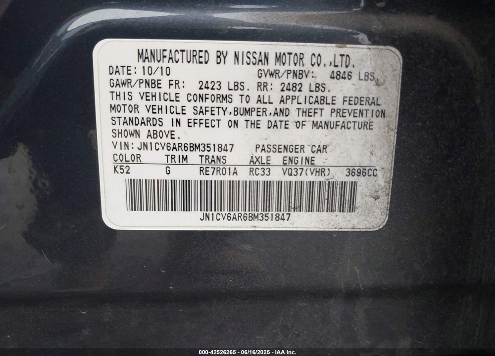 2011 INFINITI G37 VIN: JN1CV6AR6BM351847