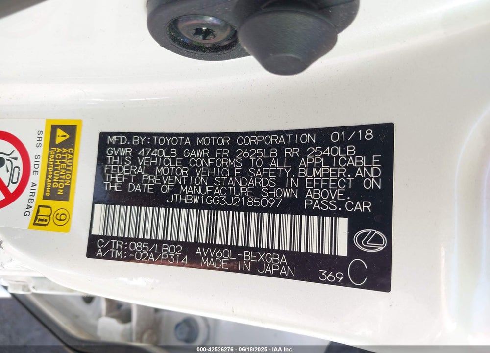 2018 LEXUS ES300H VIN: JTHBW1GG3J2185097
