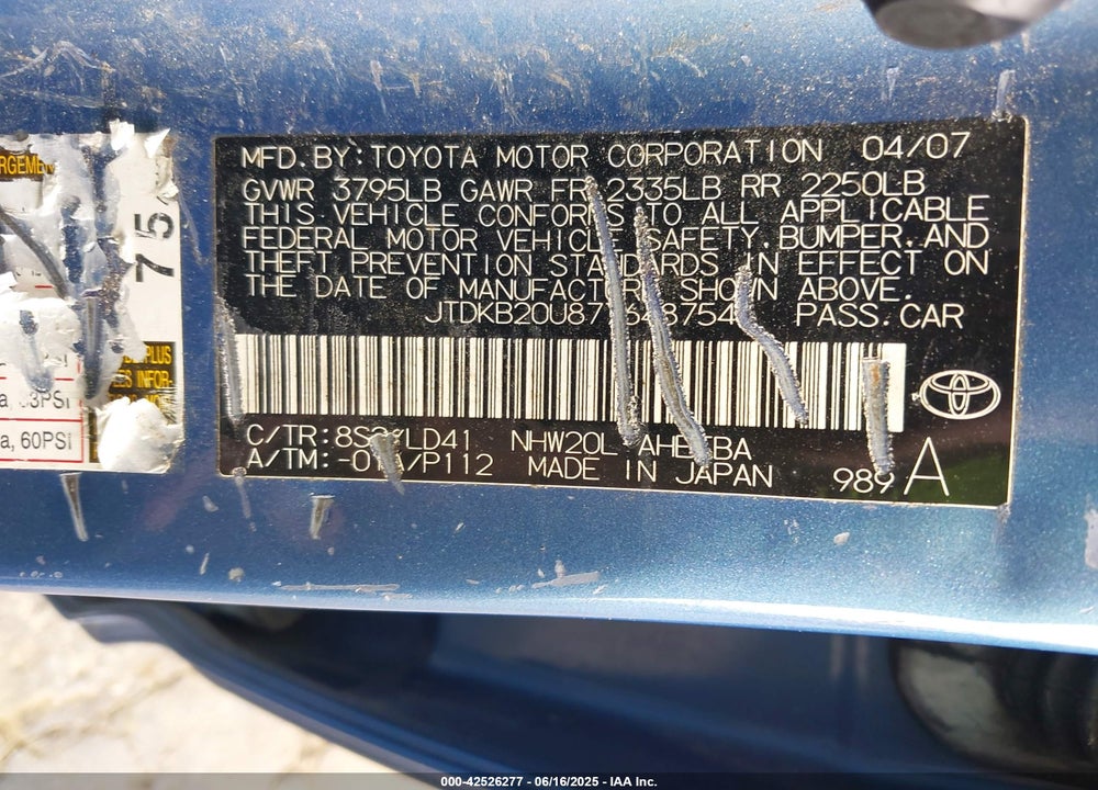 2007 TOYOTA PRIUS VIN: JTDKB20U877648754