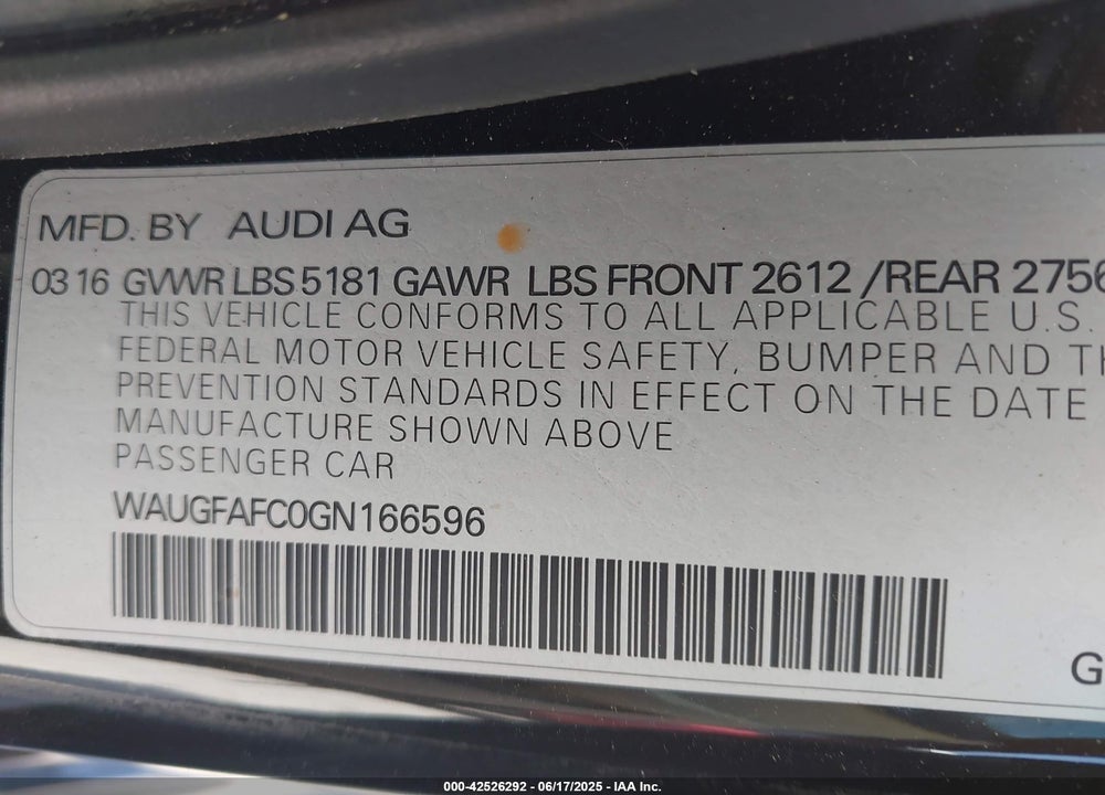 2016 AUDI A6 VIN: WAUGFAFC0GN166596