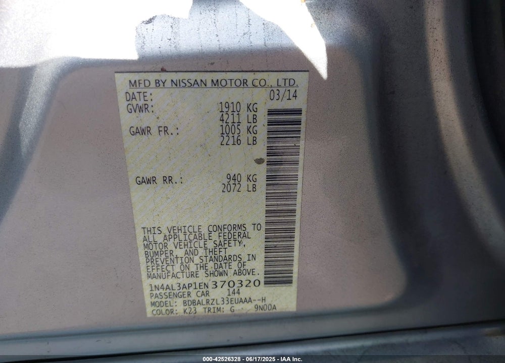 2014 NISSAN ALTIMA VIN: 1N4AL3AP1EN370320