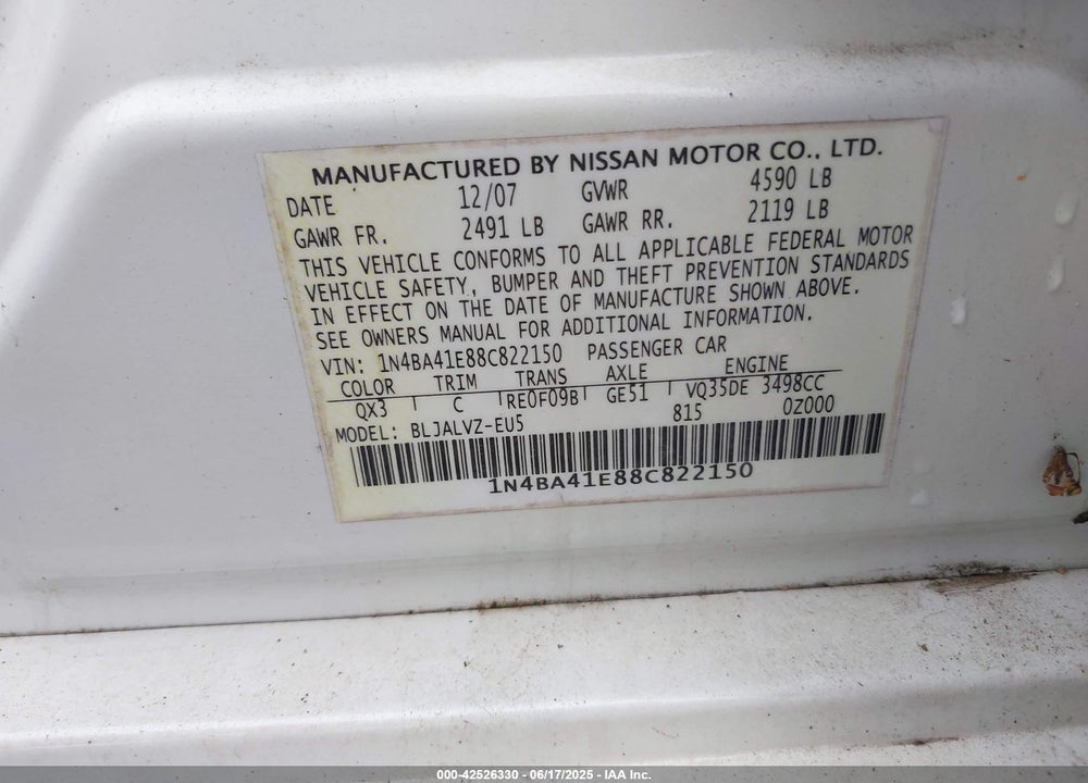 2008 NISSAN MAXIMA 3.5 SE VIN: 1N4BA41E88C822150