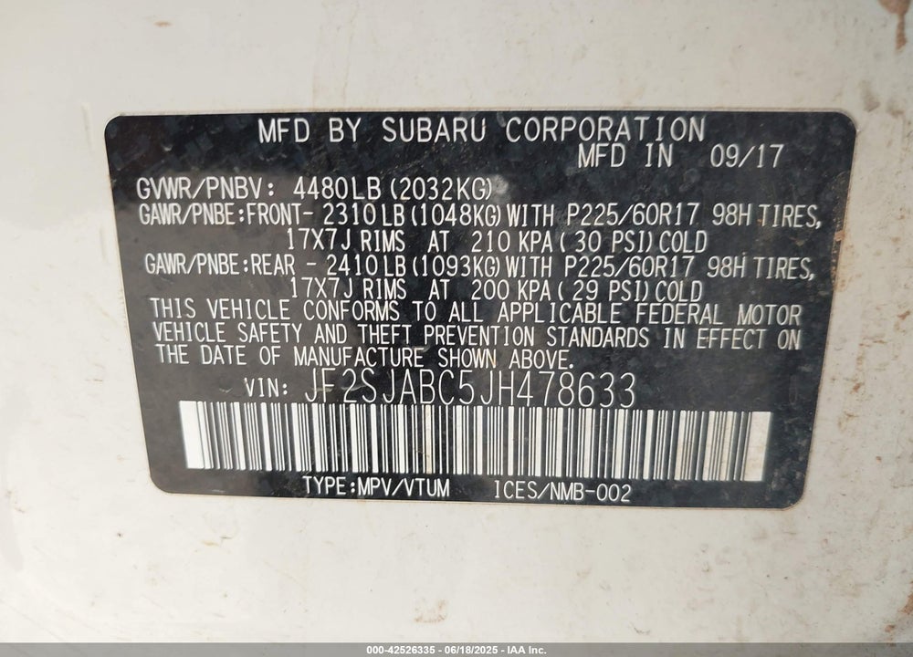 2018 SUBARU FORESTER VIN: JF2SJABC5JH478633