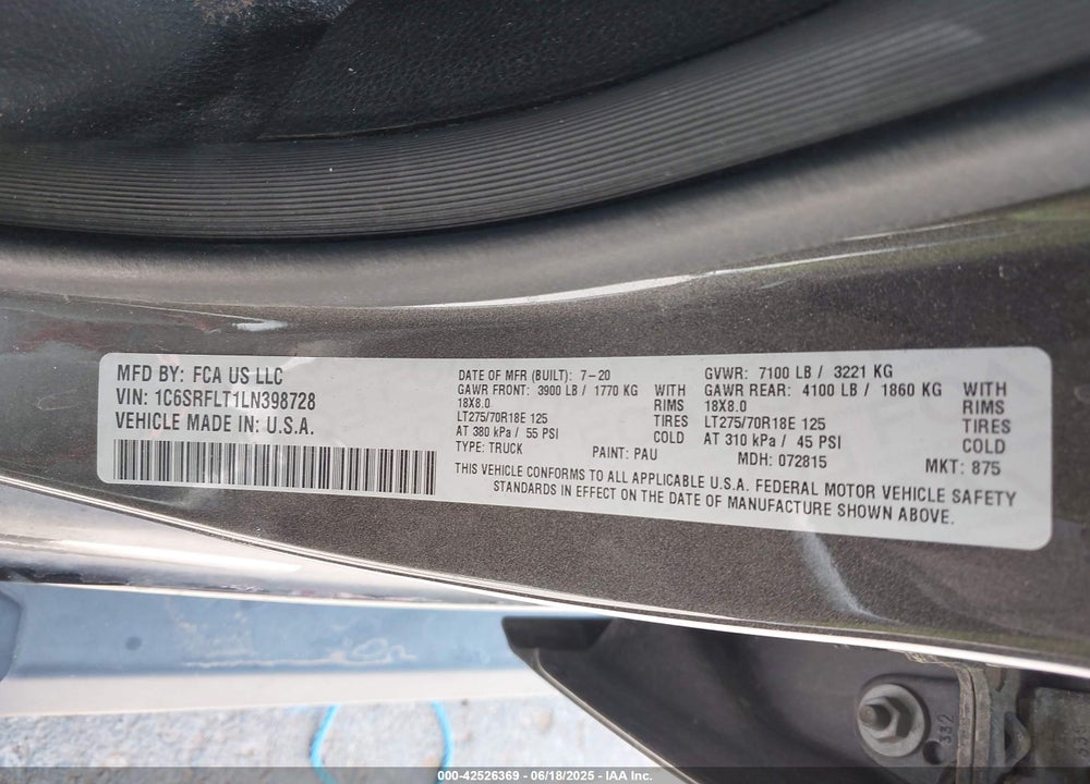 2020 RAM 1500 REBEL 4X4 5'7 BOX VIN: 1C6SRFLT1LN398728