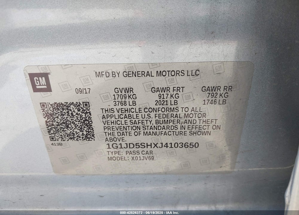 2018 CHEVROLET SONIC VIN: 1G1JD5SHXJ4103650