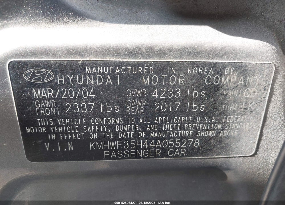 2004 HYUNDAI SONATA VIN: KMHWF35H44A055278