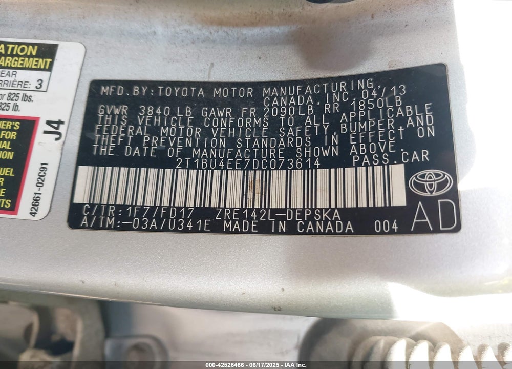 2013 TOYOTA COROLLA VIN: 2T1BU4EE7DC073614