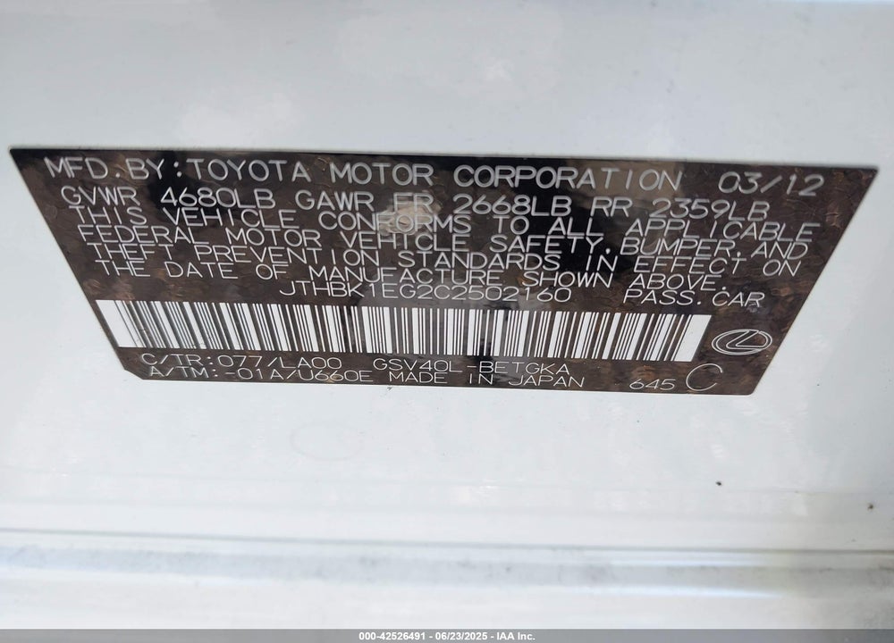 2012 LEXUS ES 350 VIN: JTHBK1EG2C2502160