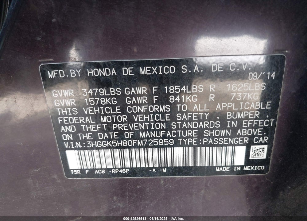 2015 HONDA FIT EX/EX-L VIN: 3HGGK5H80FM725959