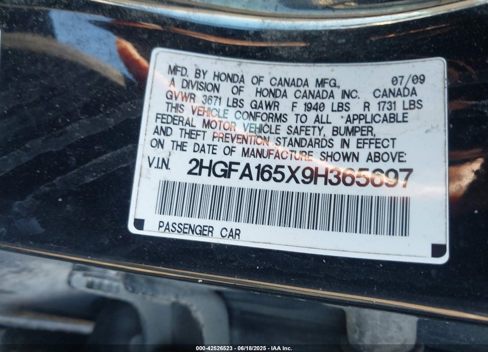 2009 HONDA CIVIC VIN: 2HGFA165X9H365697