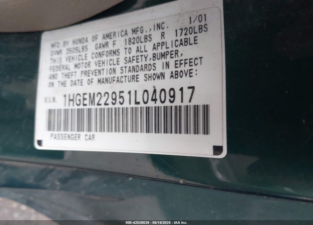 2001 HONDA CIVIC VIN: 1HGEM22951L040917