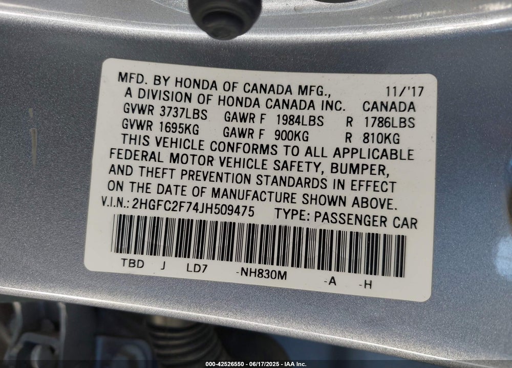 2018 HONDA CIVIC VIN: 2HGFC2F74JH509475