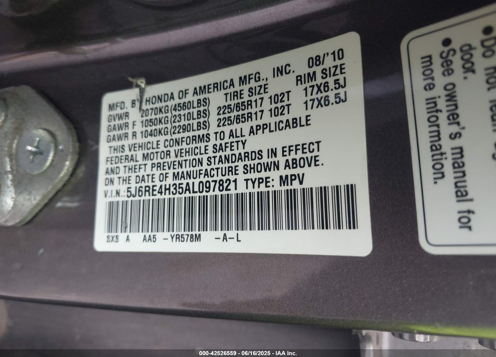 2010 HONDA CR-V LX VIN: 5J6RE4H35AL097821