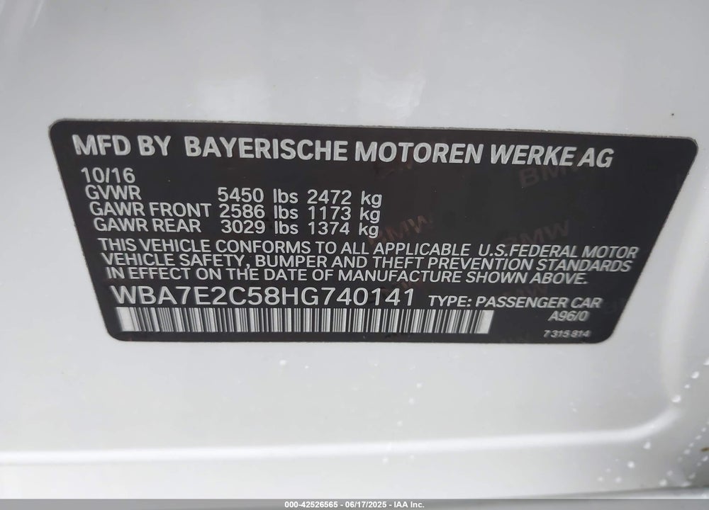 2017 BMW 740I VIN: WBA7E2C58HG740141