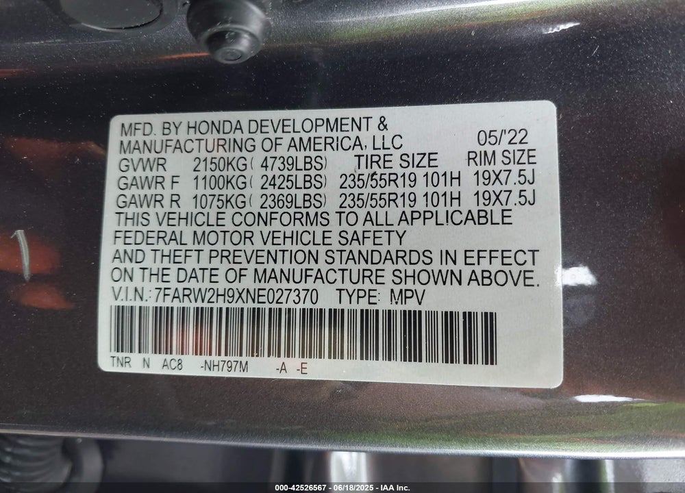 2022 HONDA CR-V AWD TOURING VIN: 7FARW2H9XNE027370