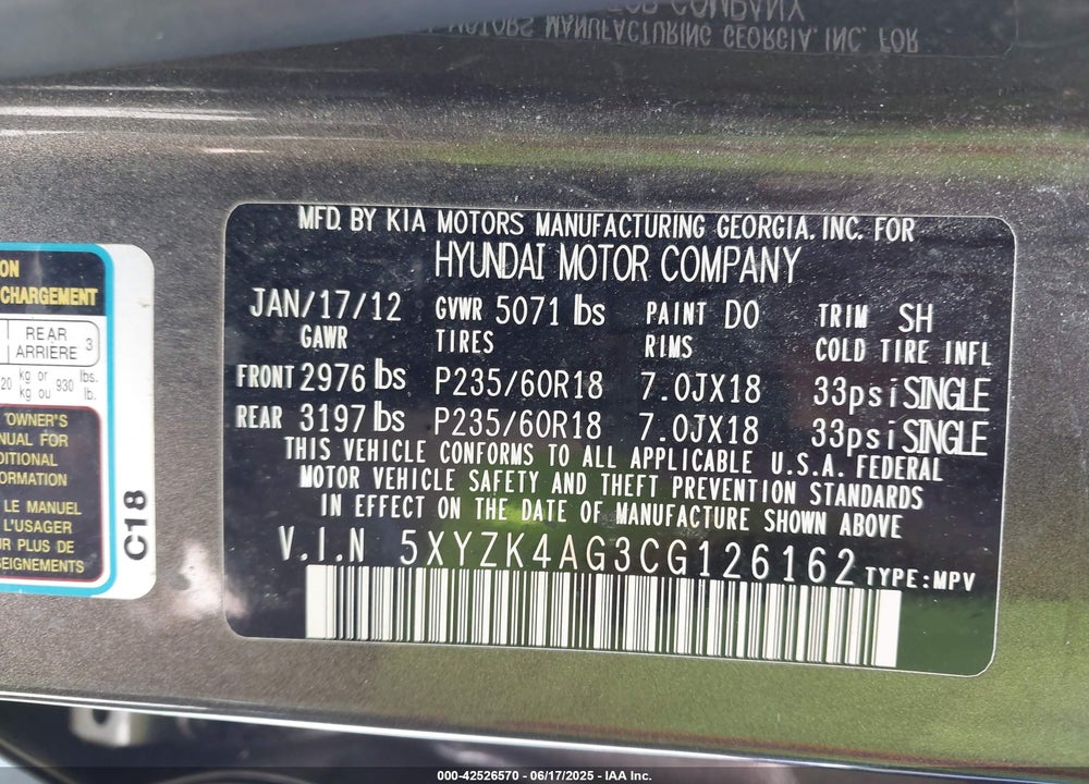 2012 HYUNDAI SANTA FE LIMITED V6 VIN: 5XYZK4AG3CG126162