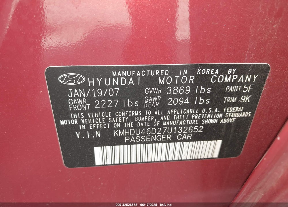 2007 HYUNDAI ELANTRA VIN: KMHDU46D27U132652