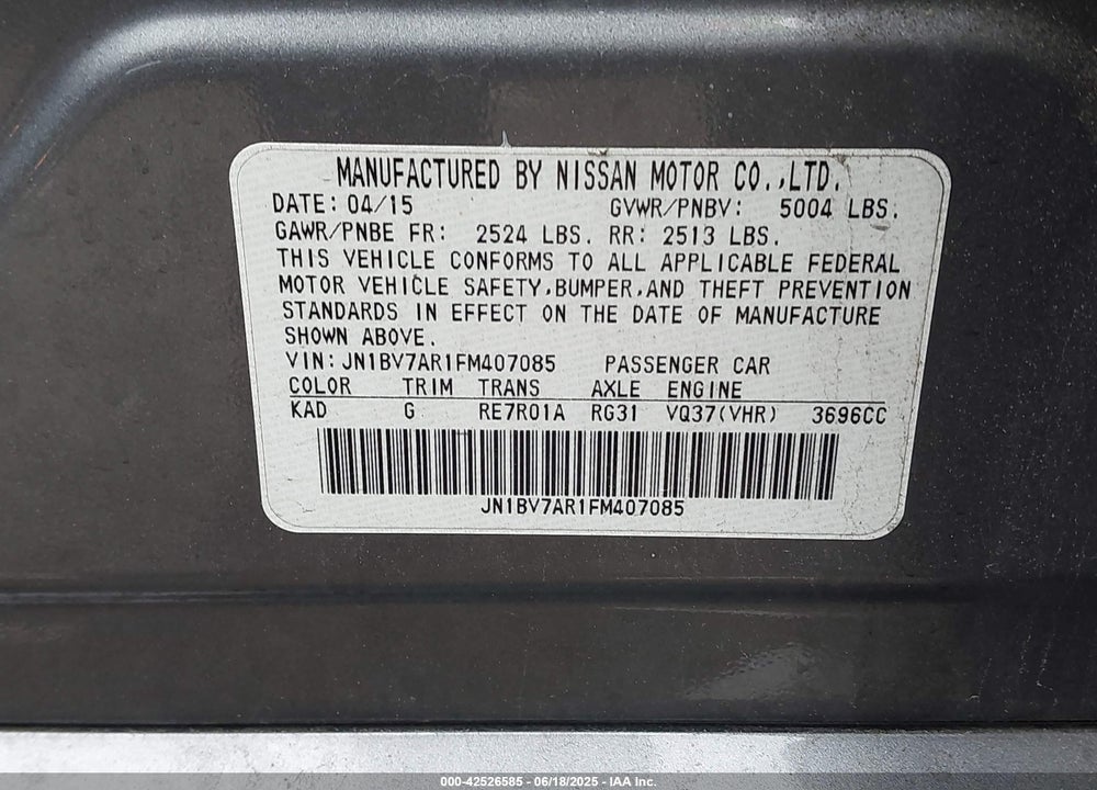 2015 INFINITI Q50 VIN: JN1BV7AR1FM407085