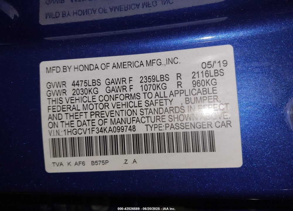 2019 HONDA ACCORD SPORT VIN: 1HGCV1F34KA099748