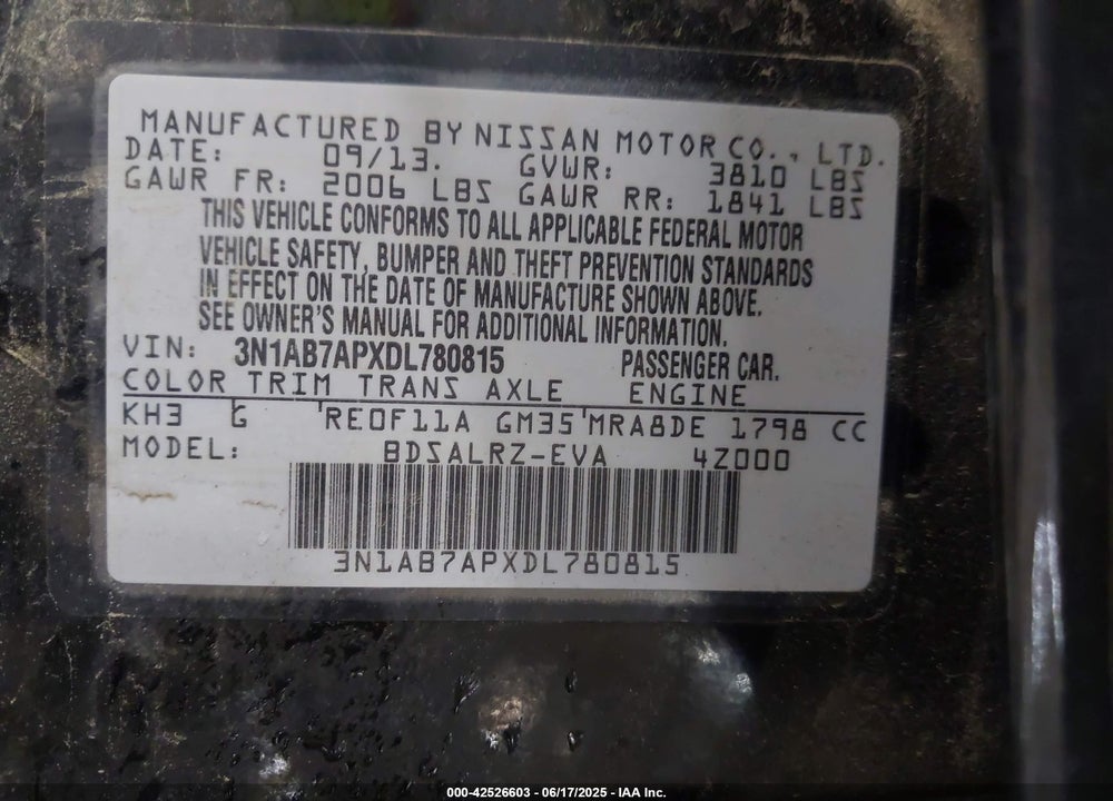 2013 NISSAN SENTRA VIN: 3N1AB7APXDL780815